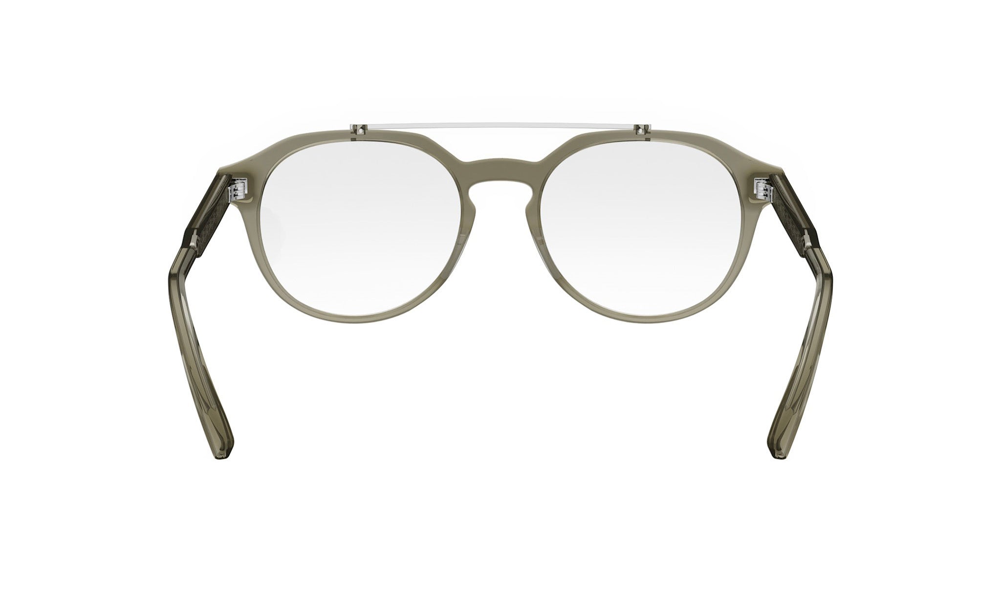 A pair of gray-framed glasses with a wire frame and a strap.