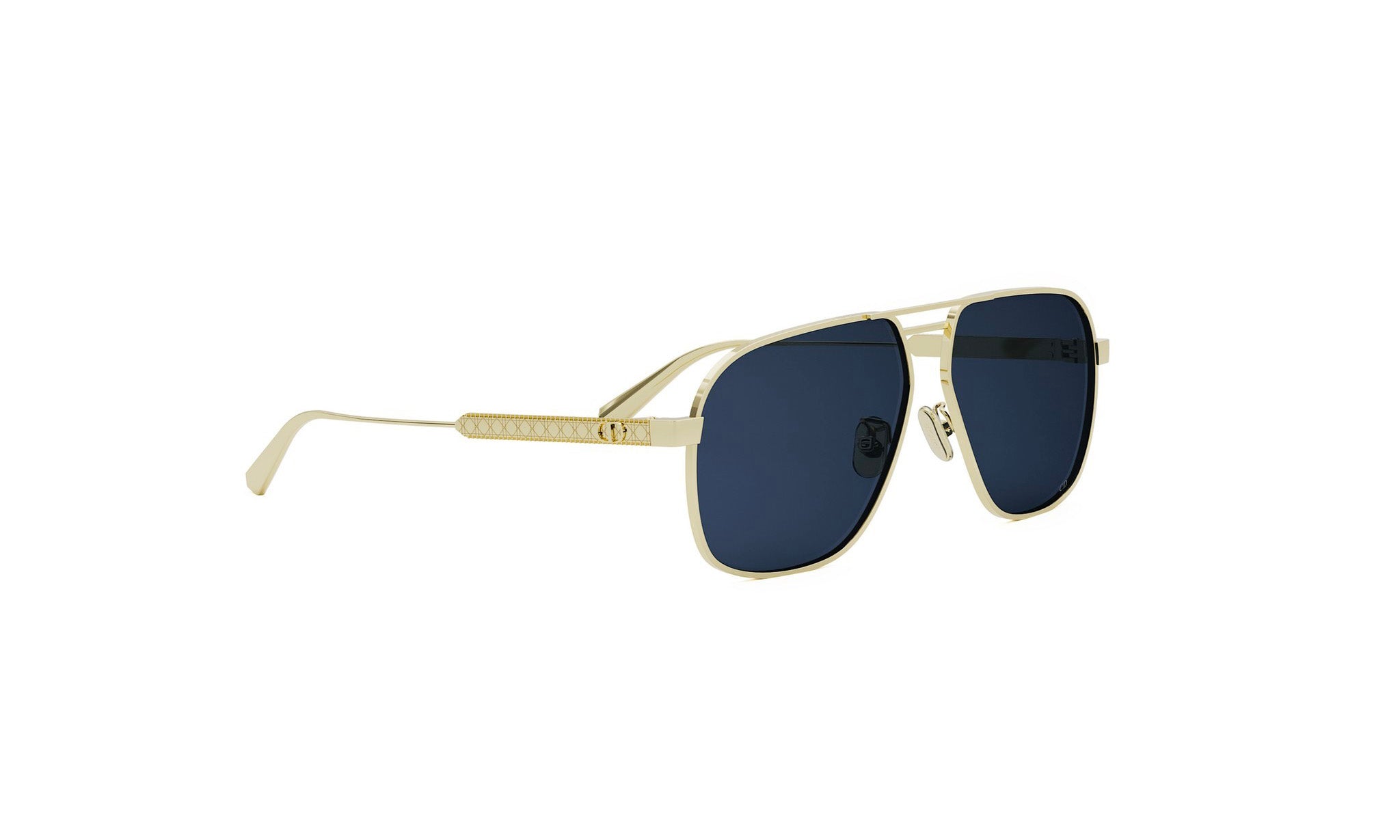 A pair of gold-framed sunglasses with dark blue lenses.