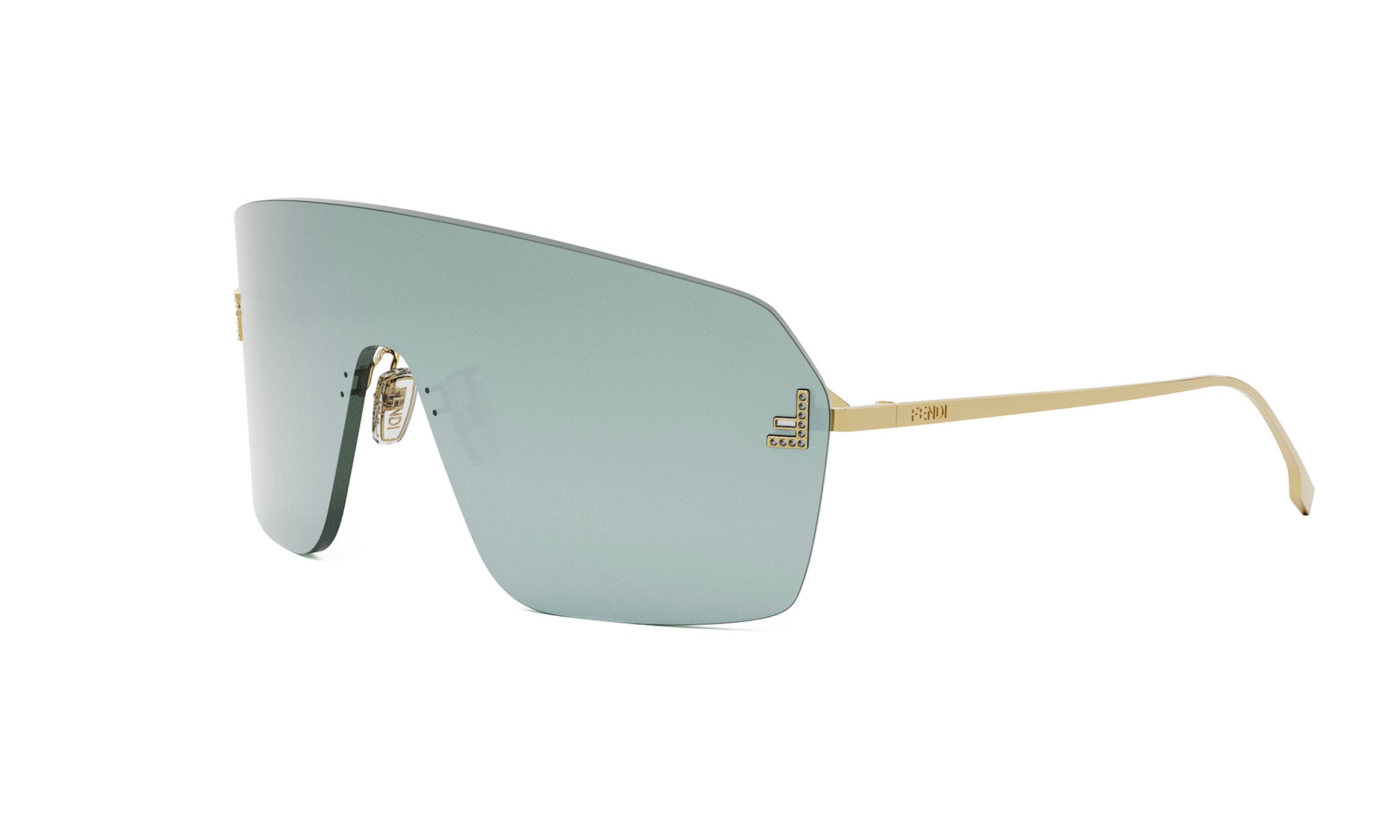 A pair of stylish sunglasses with a gold frame and dark blue lenses.