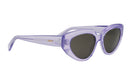 A pair of purple cat-eye sunglasses with dark lenses.