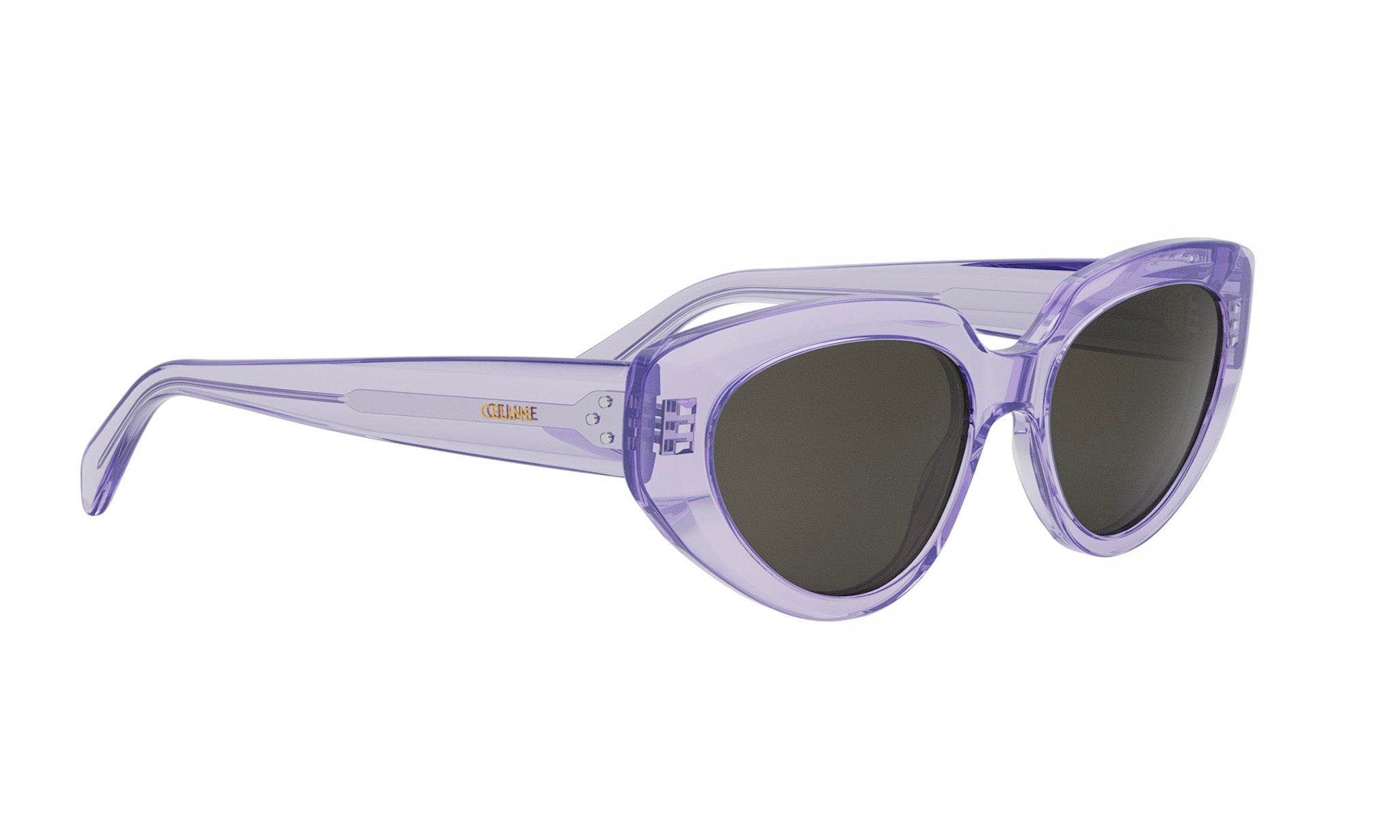 A pair of purple cat-eye sunglasses with dark lenses.