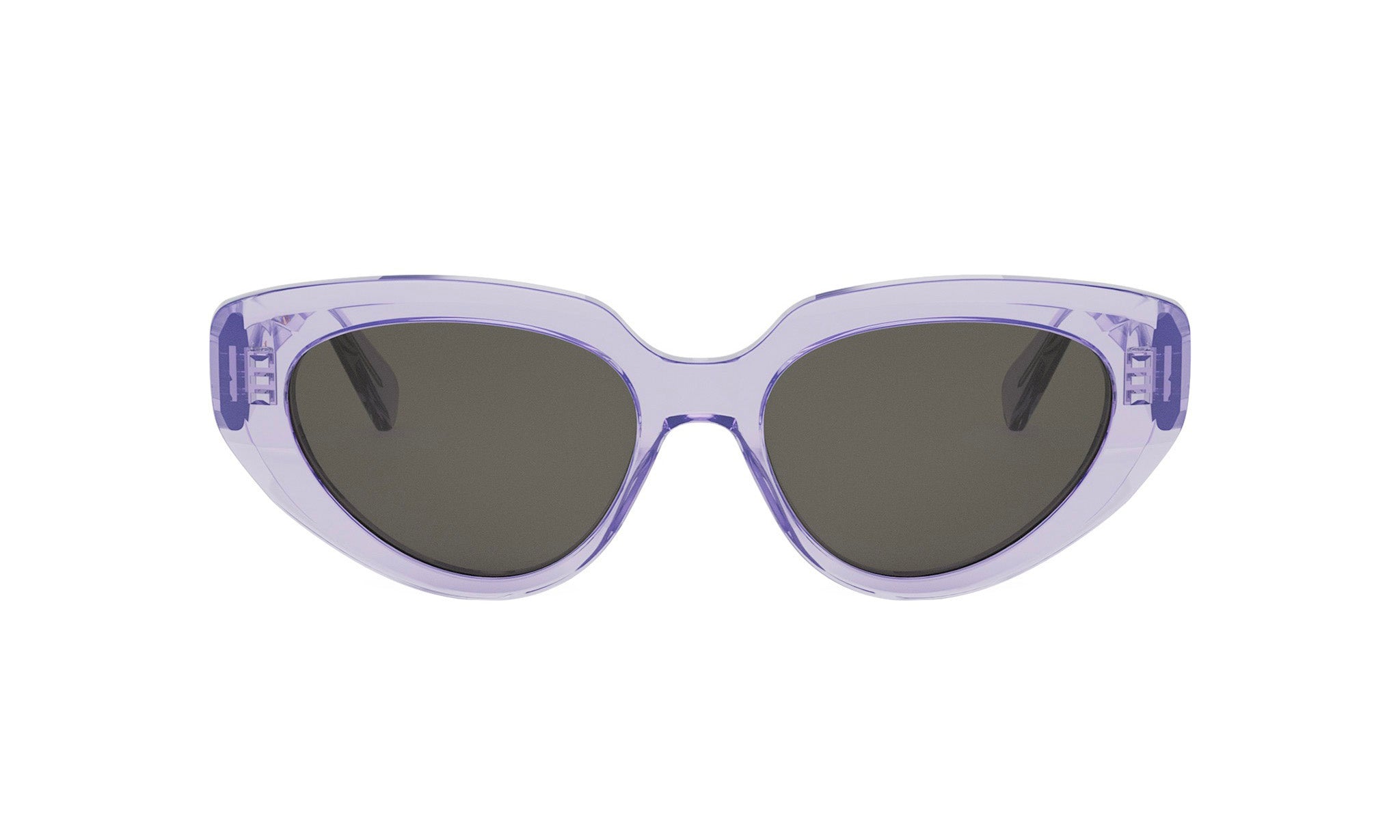 A pair of purple cat-eye sunglasses with dark lenses.