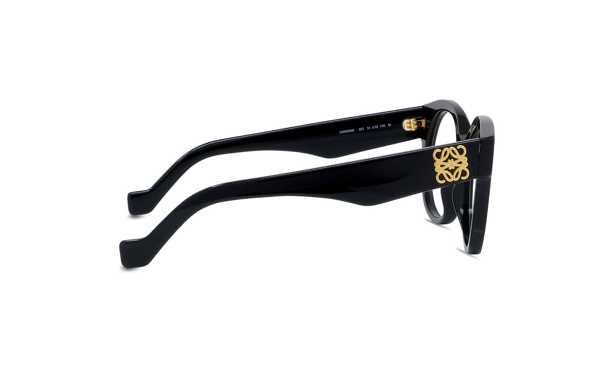 A pair of black-framed glasses with a gold logo on the temples.