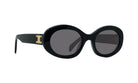 A pair of black sunglasses with a gold logo on the frame.