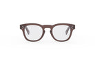 A pair of brown-framed glasses with clear lenses, set against a white background.