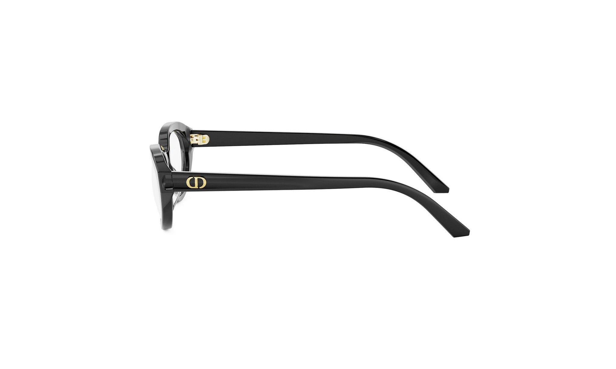 A pair of black-framed glasses with a gold-colored logo on the temples.