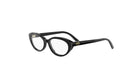 A pair of black cat-eye framed glasses against a white background.