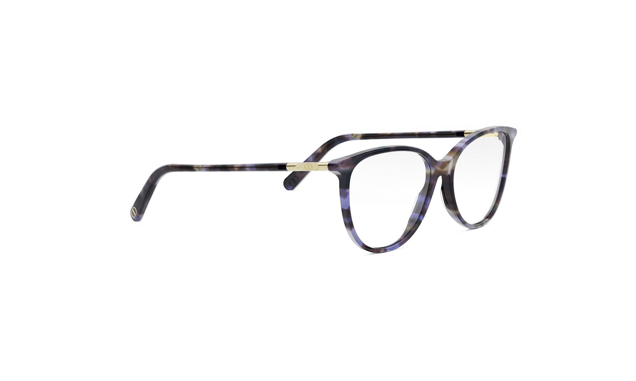 A pair of stylish, tortoiseshell-framed glasses with a dark blue and black color scheme.