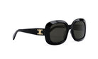 A pair of black sunglasses with a gold logo on the frame.