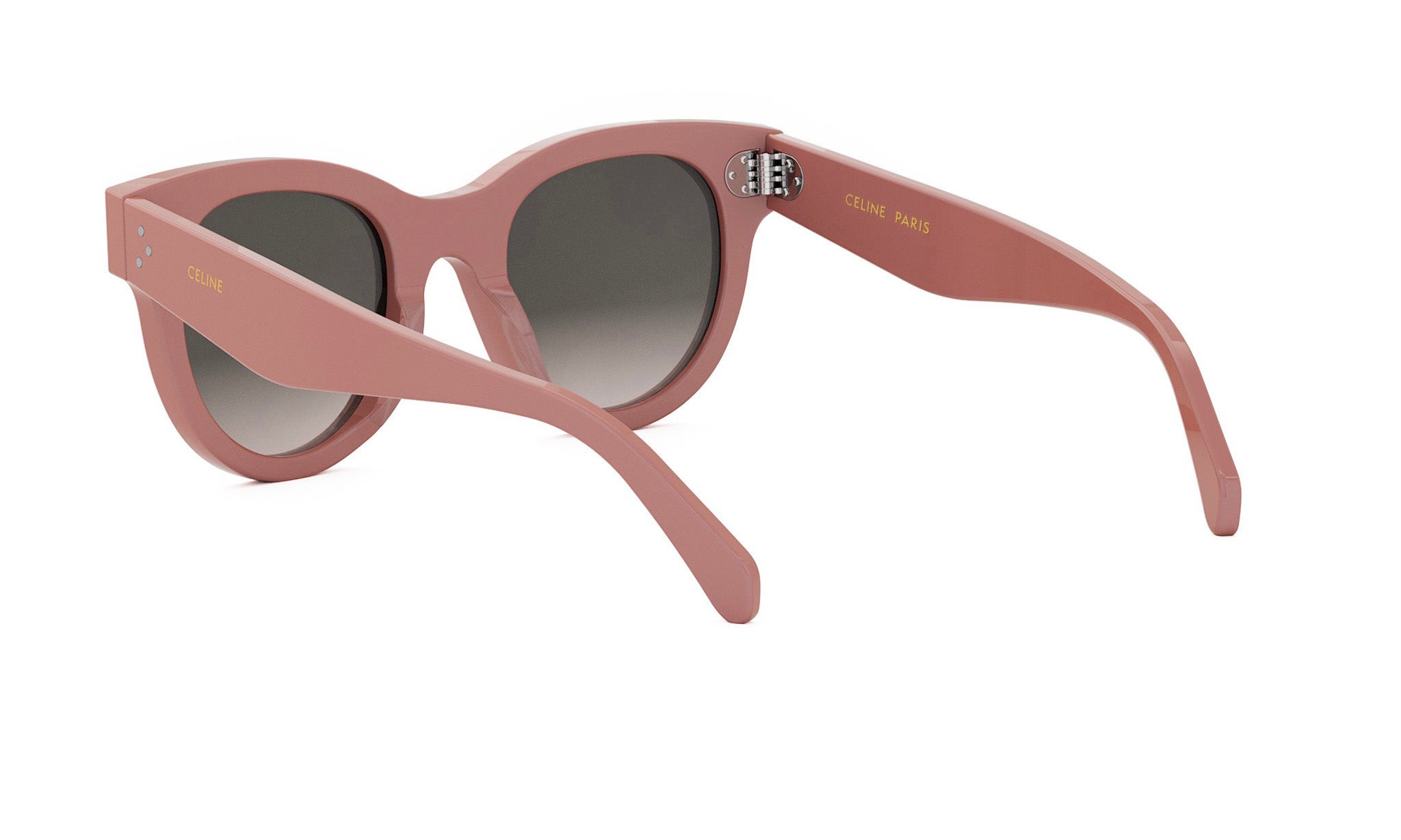 A pair of pink sunglasses with a gradient lens design.