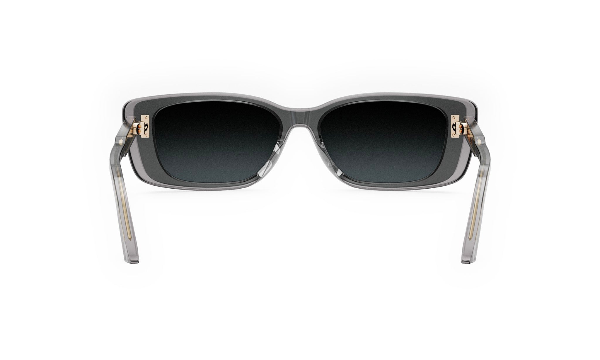 A pair of stylish sunglasses with dark lenses and gold-colored temples.