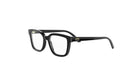 A pair of black-framed glasses with a gold logo on the temples.