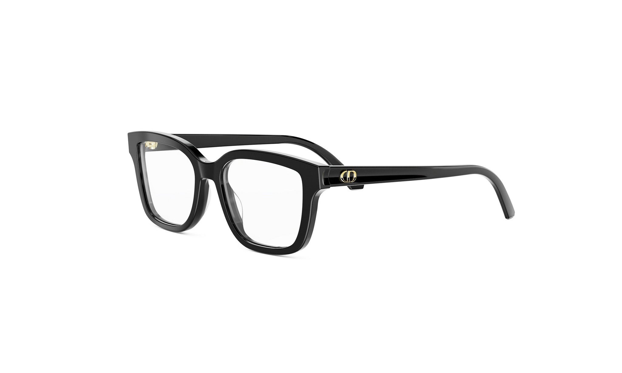 A pair of black-framed glasses with a gold logo on the temples.