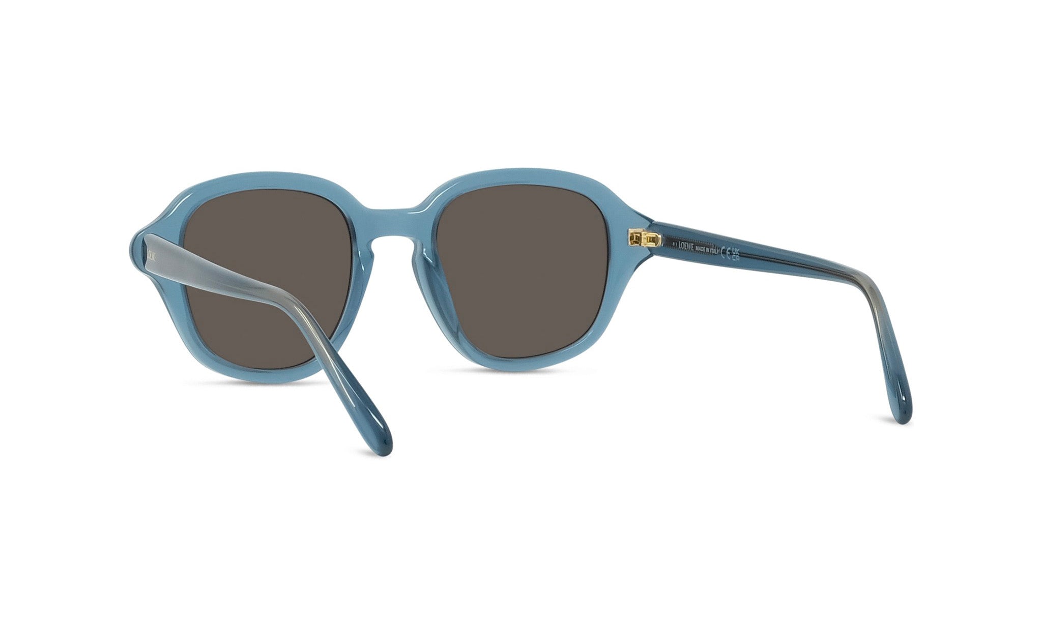 A pair of blue-tinted sunglasses with dark lenses, positioned facing the viewer.