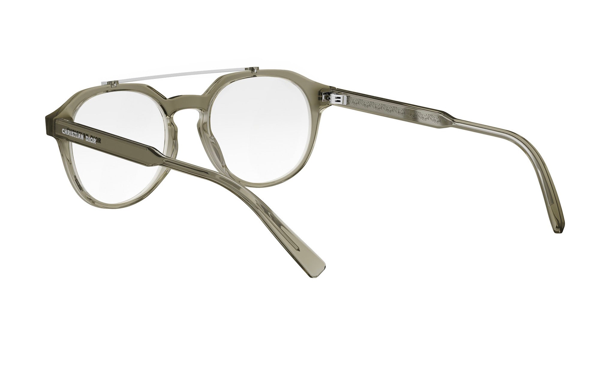 A pair of gray-framed glasses with a strap, as seen from the side.