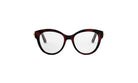 A pair of stylish, burgundy-colored cat-eye framed glasses with gold accents.