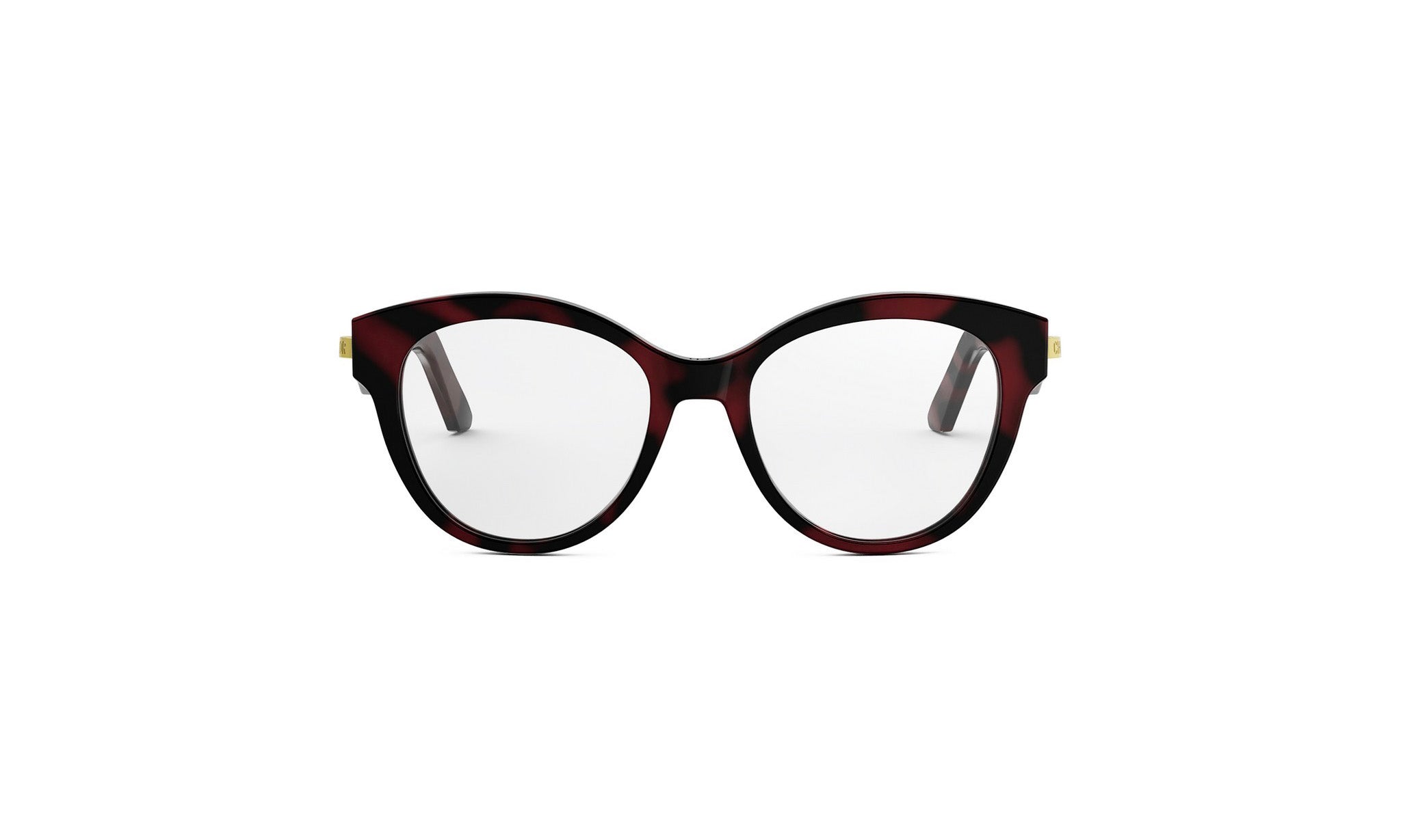 A pair of stylish, burgundy-colored cat-eye framed glasses with gold accents.