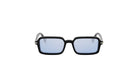 A pair of black rectangular sunglasses with blue lenses.