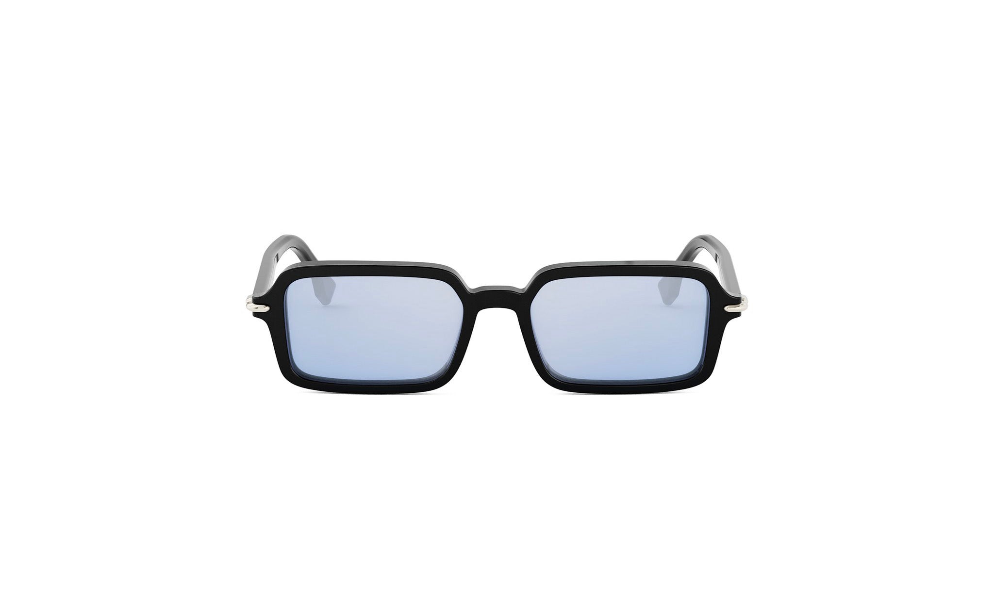 A pair of black rectangular sunglasses with blue lenses.