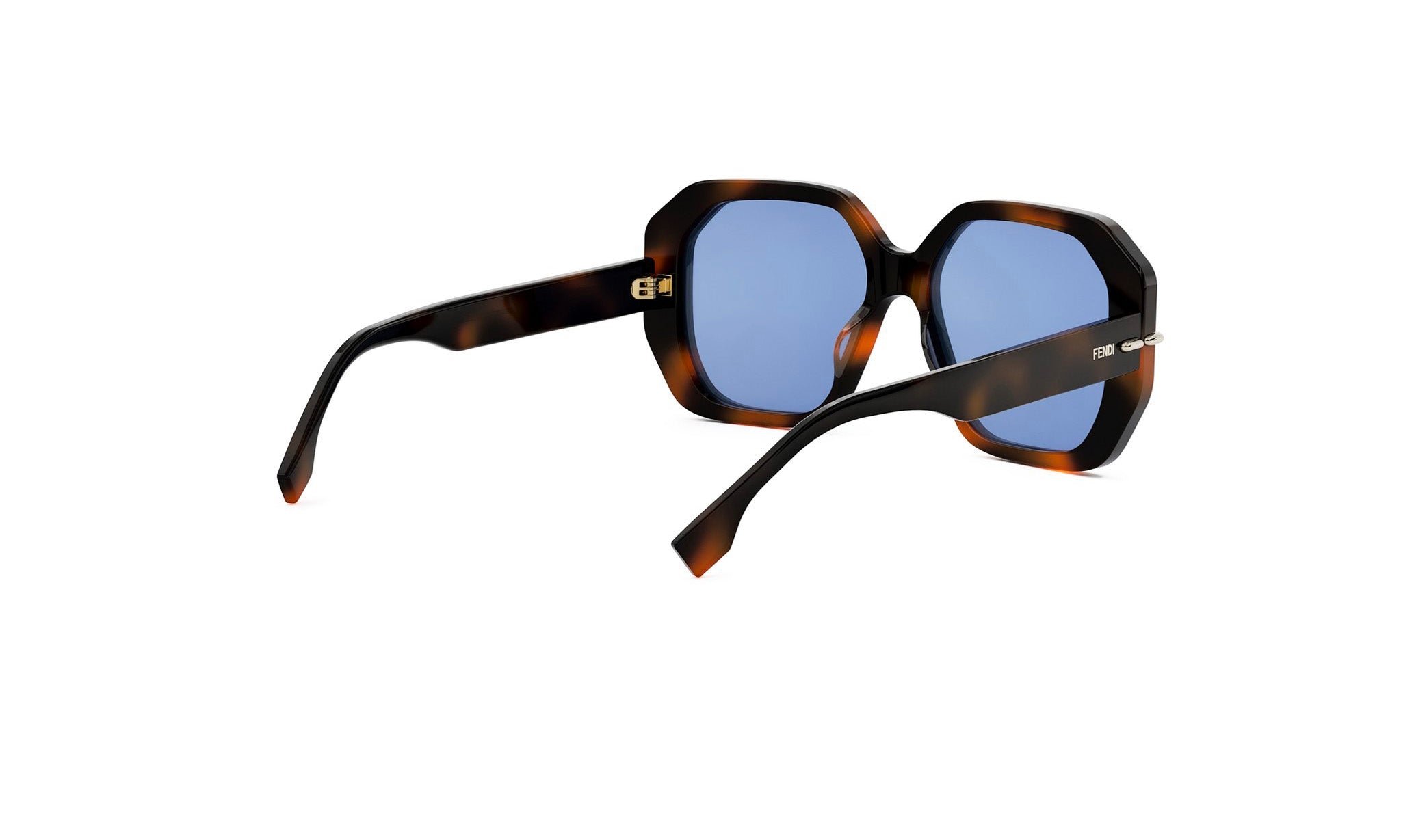 A pair of stylish sunglasses with blue lenses, featuring a dark frame and a distinctive tortoiseshell pattern.
