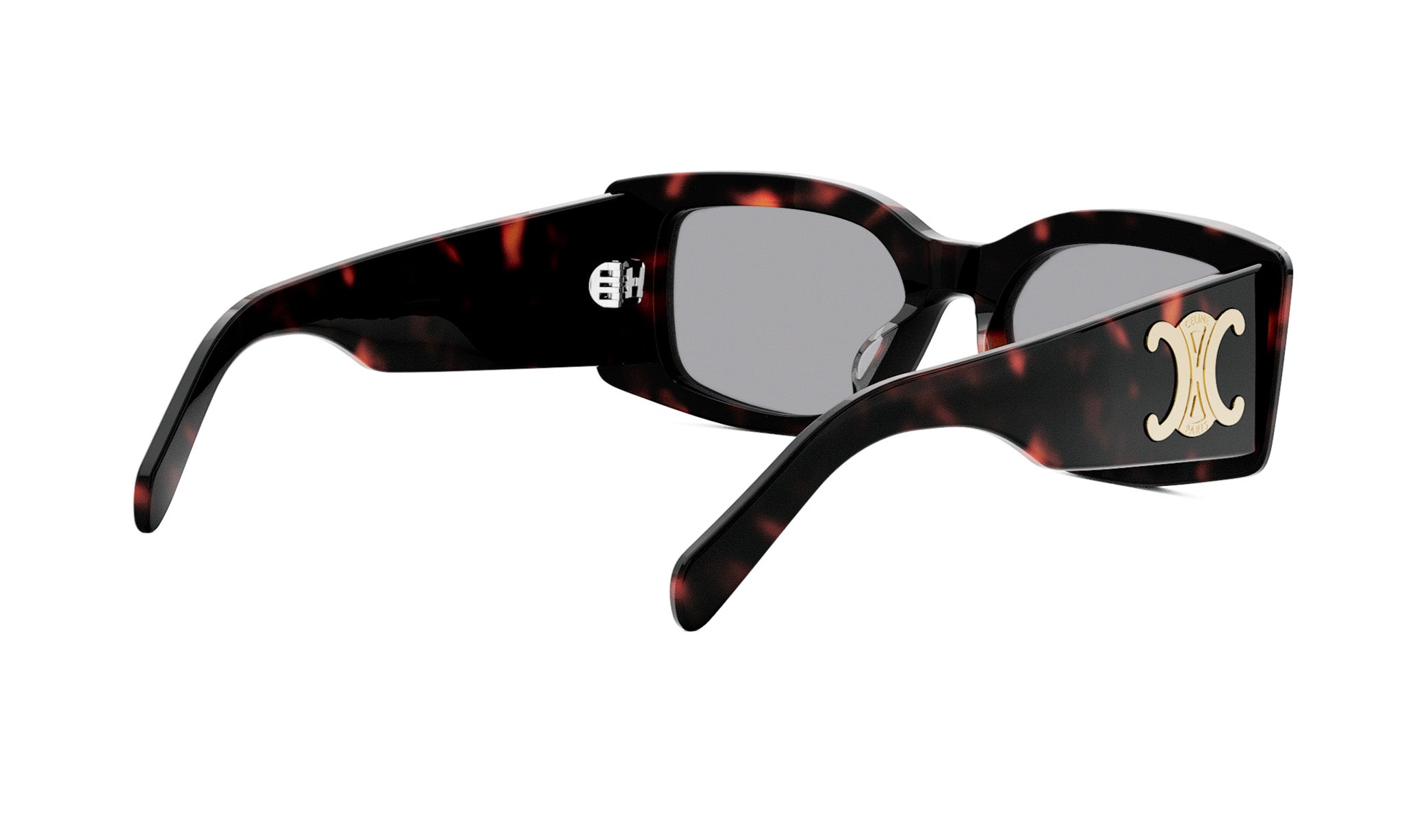 A pair of stylish sunglasses with a tortoiseshell frame and a gold-colored logo on the temple.
