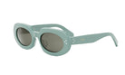 A pair of light green sunglasses with dark lenses.