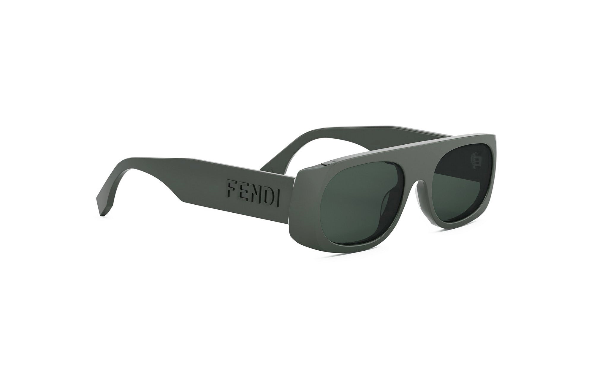 A pair of dark green sunglasses with the Fendi logo on the frame.
