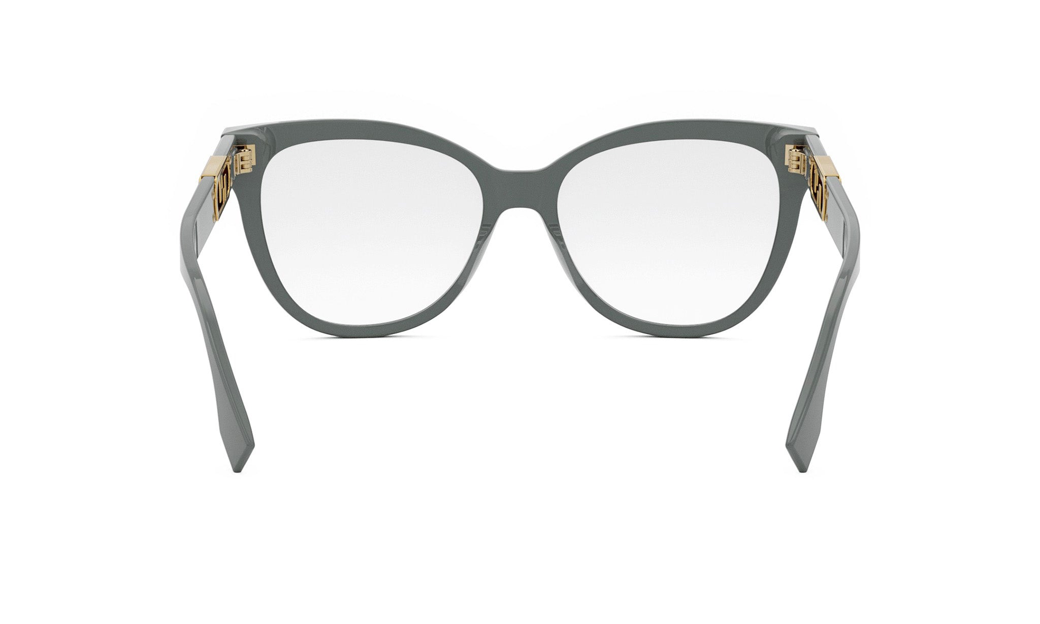 A pair of stylish, gray-framed glasses with gold accents.