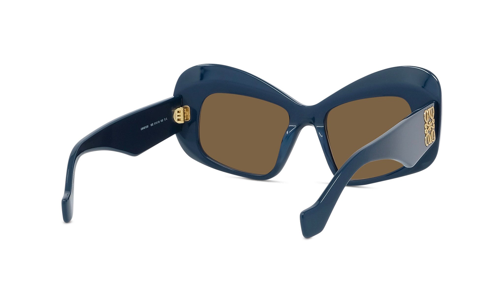 A pair of stylish sunglasses with dark blue frames and brown lenses.
