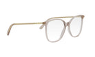 A pair of clear eyeglasses with a gold frame.