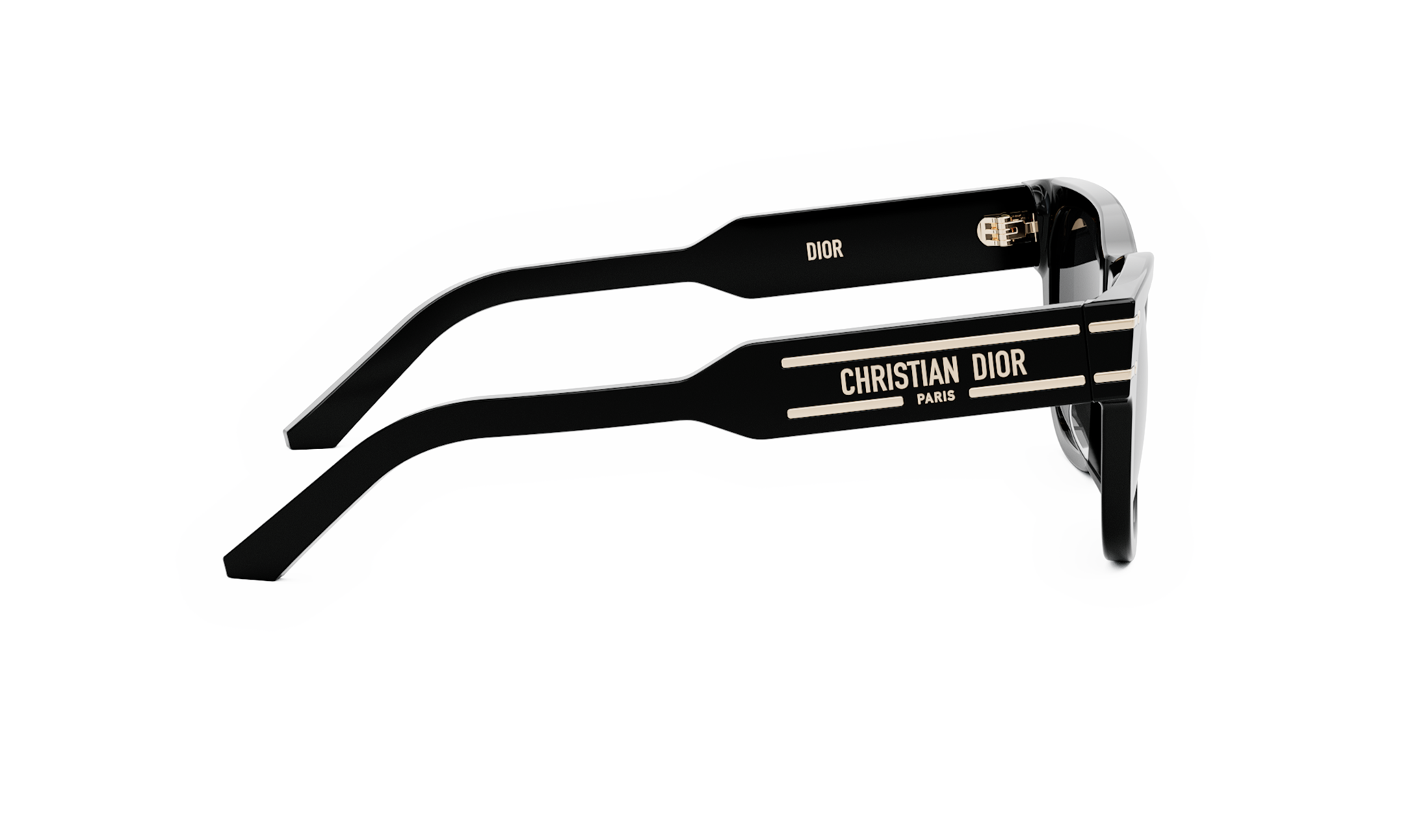 A pair of black Christian Dior sunglasses with gold accents.