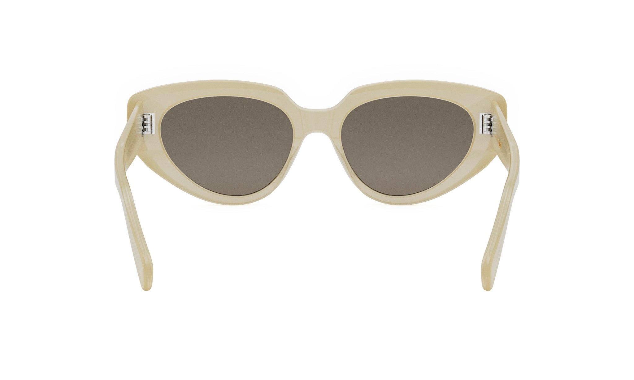 A pair of beige-colored sunglasses with dark lenses.