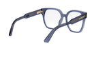A pair of blue-tinted glasses with gold accents, featuring a brand name on the temples.