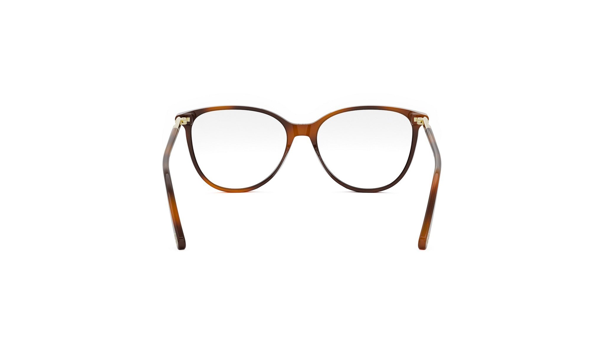 A pair of brown-framed glasses with clear lenses, shown from the back view.
