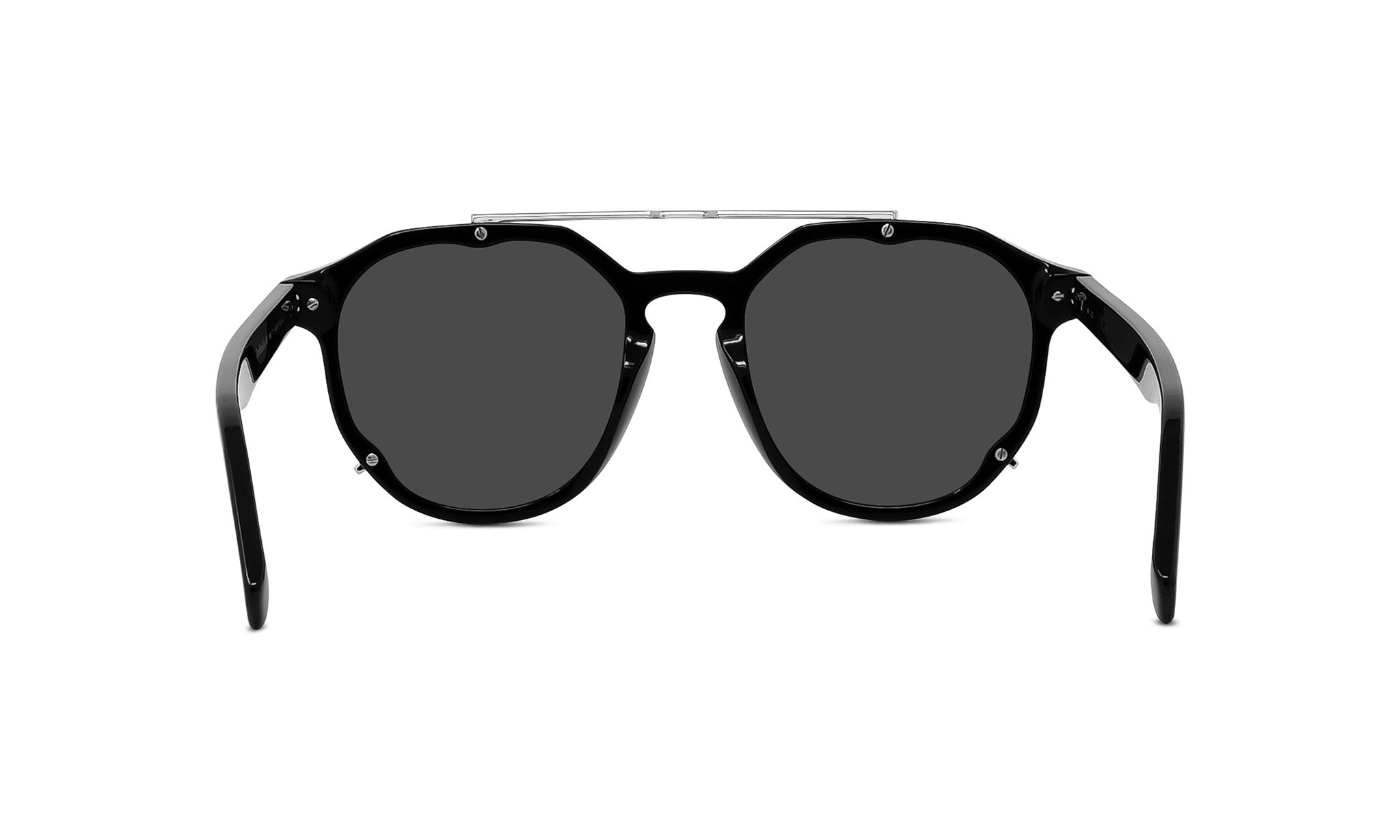 A pair of black sunglasses with a silver frame and a black strap.