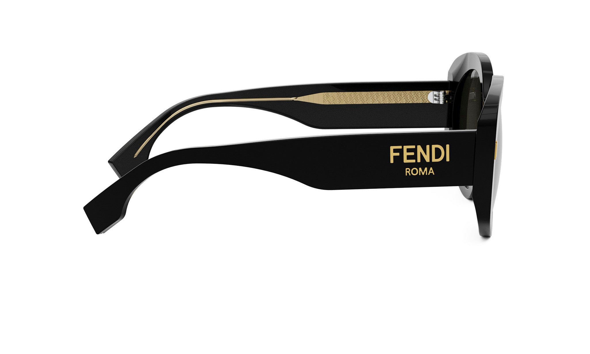 A pair of black Fendi sunglasses with gold accents.