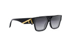 A pair of black sunglasses with a gold accent on the frame.