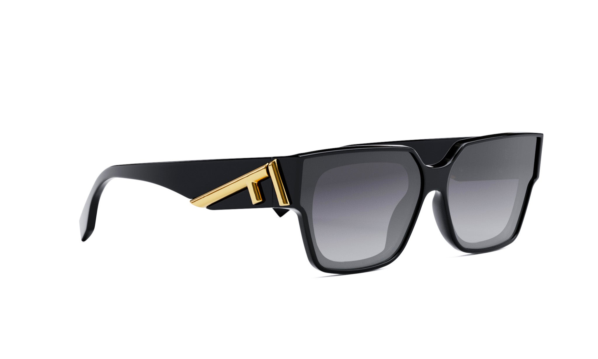 A pair of black sunglasses with a gold accent on the frame.