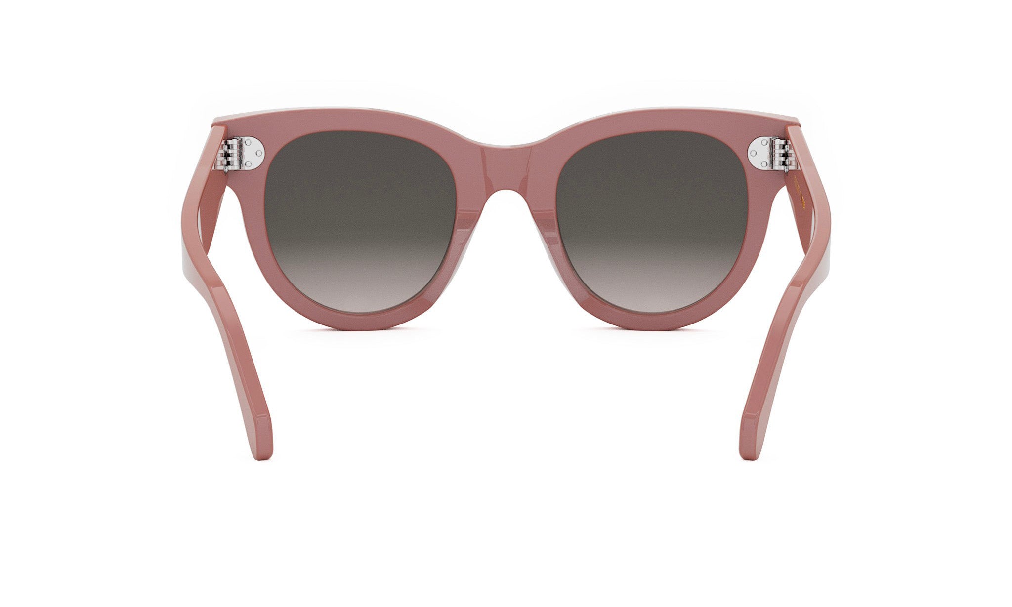 A pair of pink cat-eye sunglasses with dark lenses.