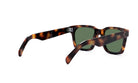A pair of sunglasses with dark green lenses and a dark brown frame.