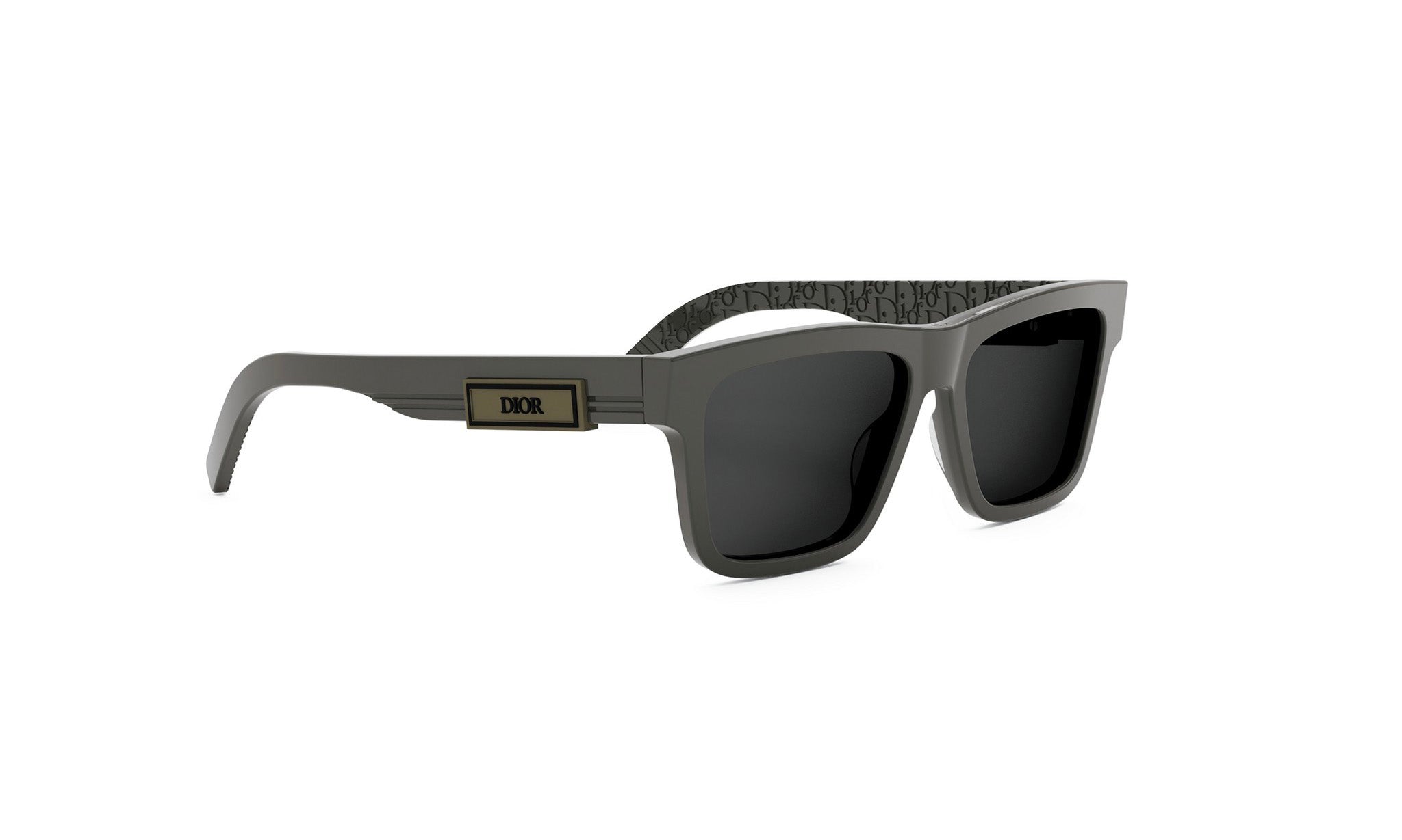A pair of dark-colored sunglasses with a Dior logo on the frame.