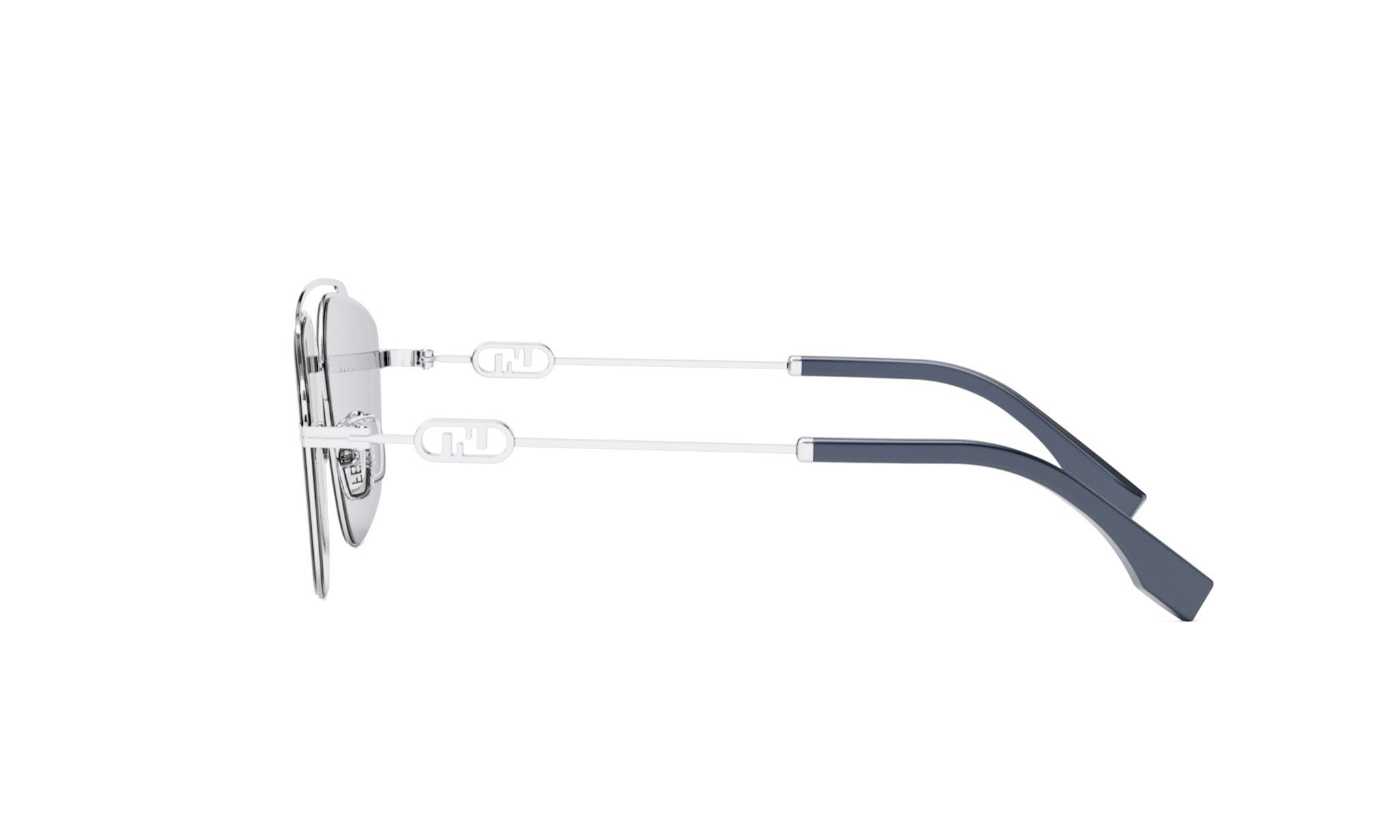 A pair of silver-framed sunglasses with black arms and a white frame.