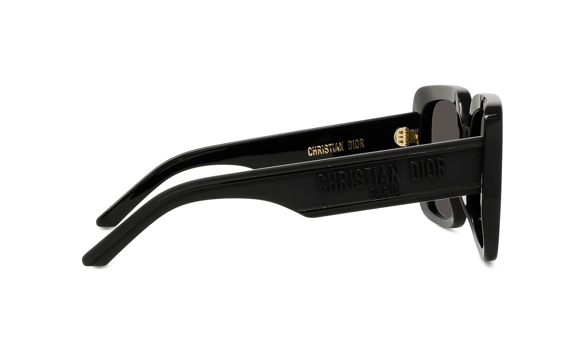 A pair of black Christian Dior sunglasses with gold accents.