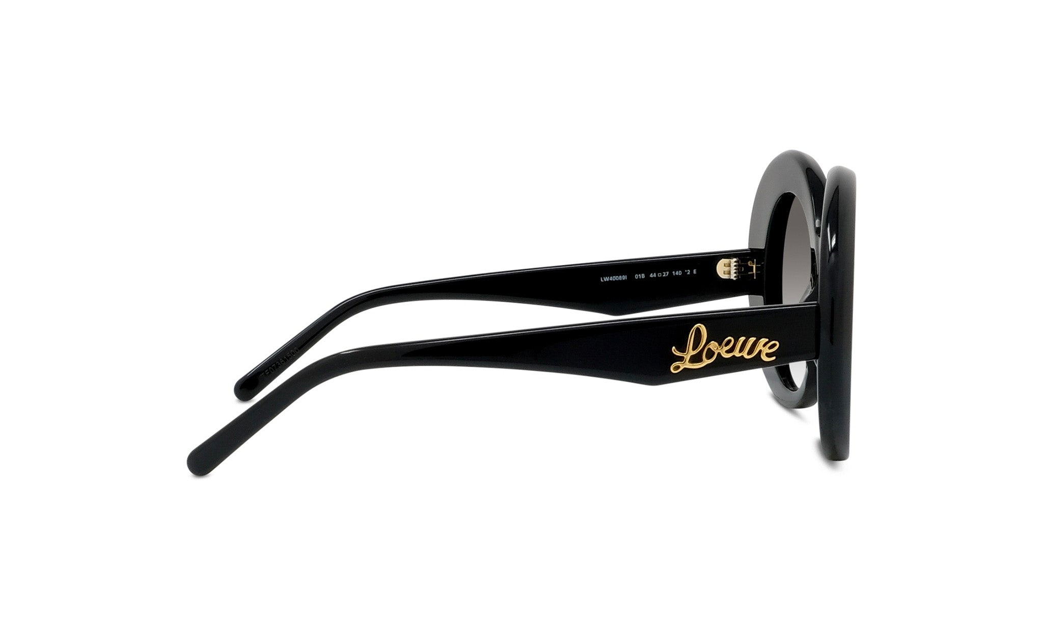 A pair of black sunglasses with gold text on the frame.
