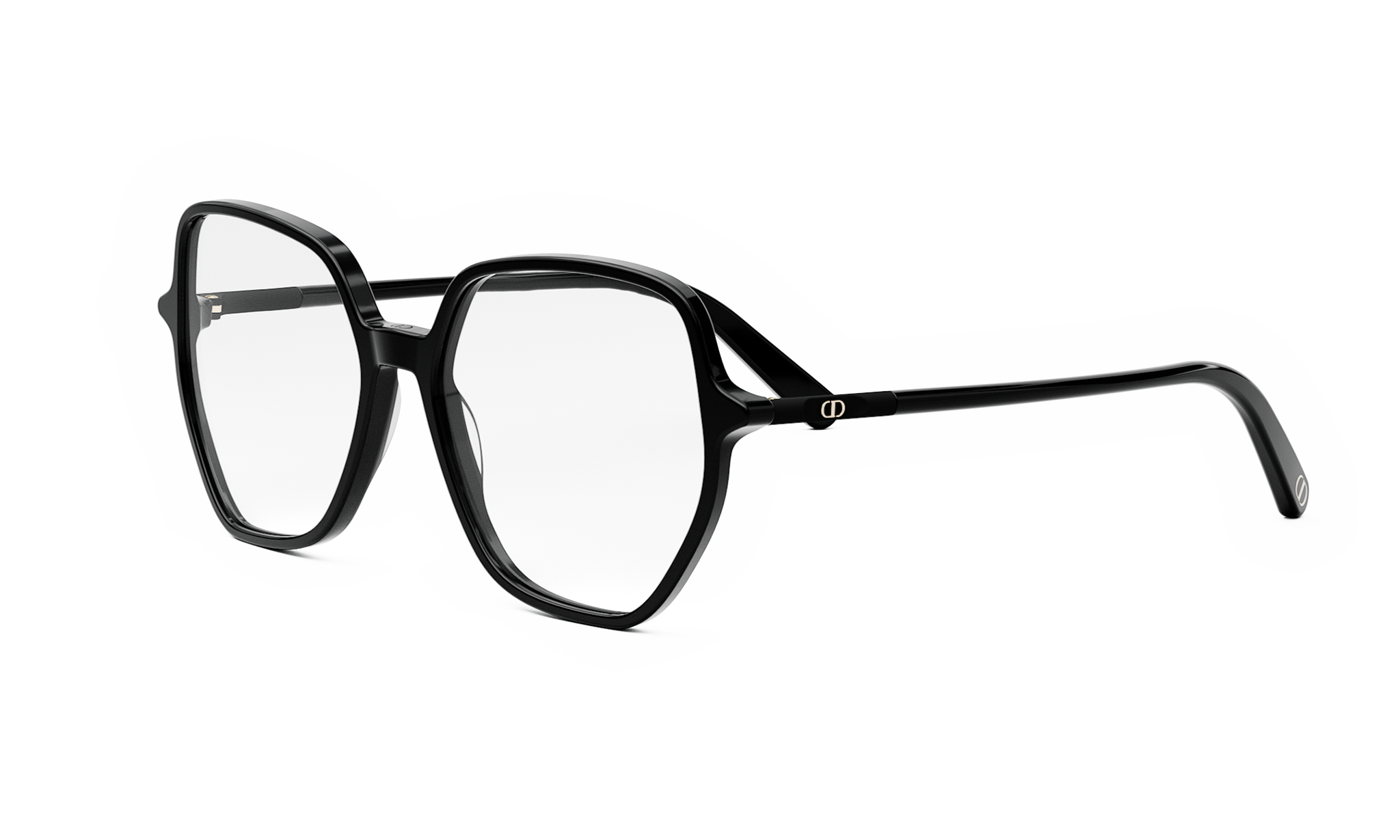 A pair of black-framed glasses with a modern, geometric design.