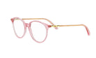 A pair of pink-framed glasses with gold accents.