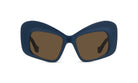 A pair of blue, cat-eye-shaped sunglasses with brown lenses.