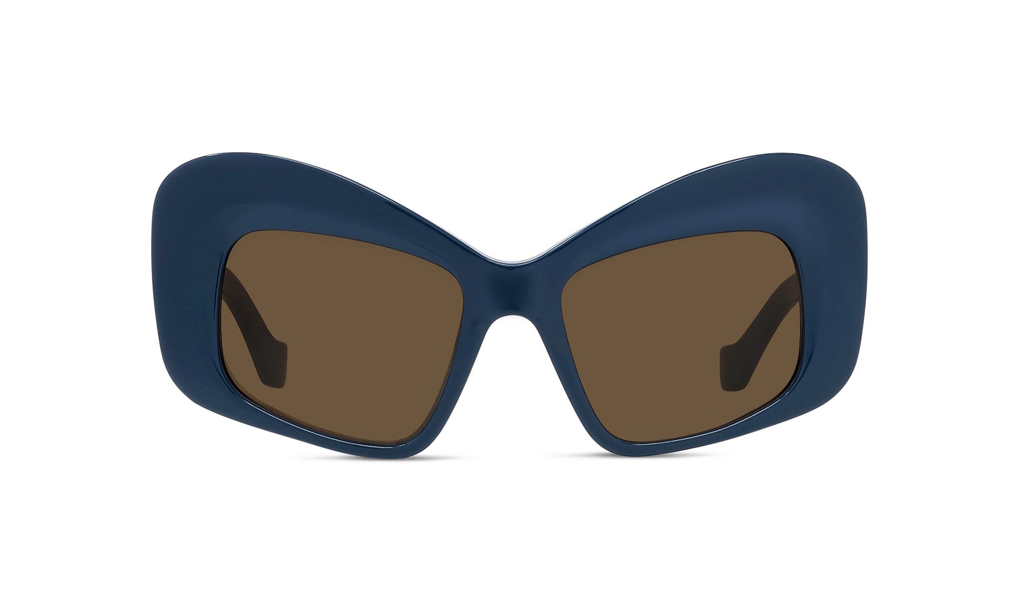 A pair of blue, cat-eye-shaped sunglasses with brown lenses.