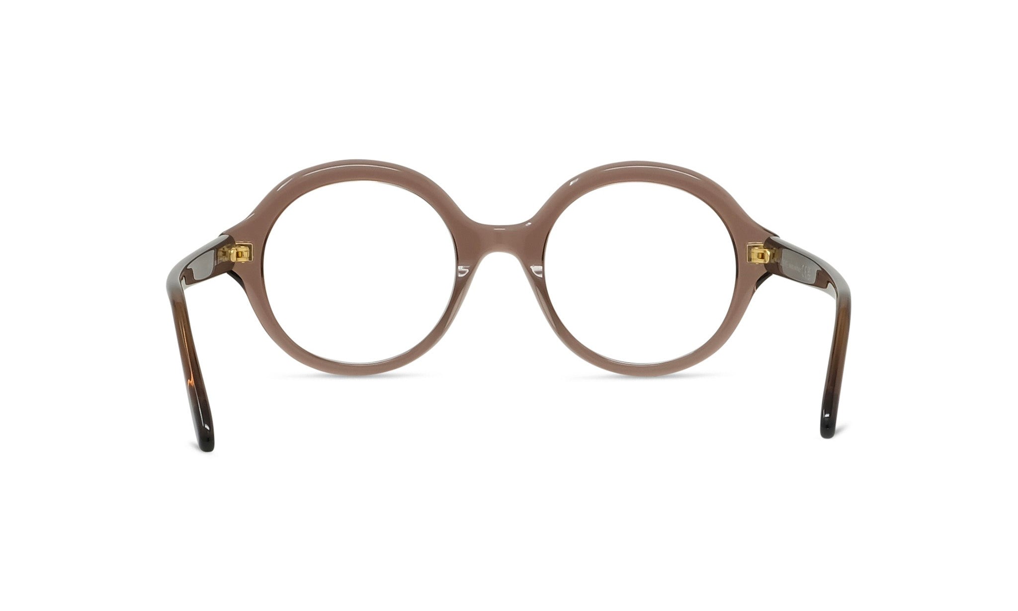 A pair of brown-framed glasses with a round lens, shown from the back view.