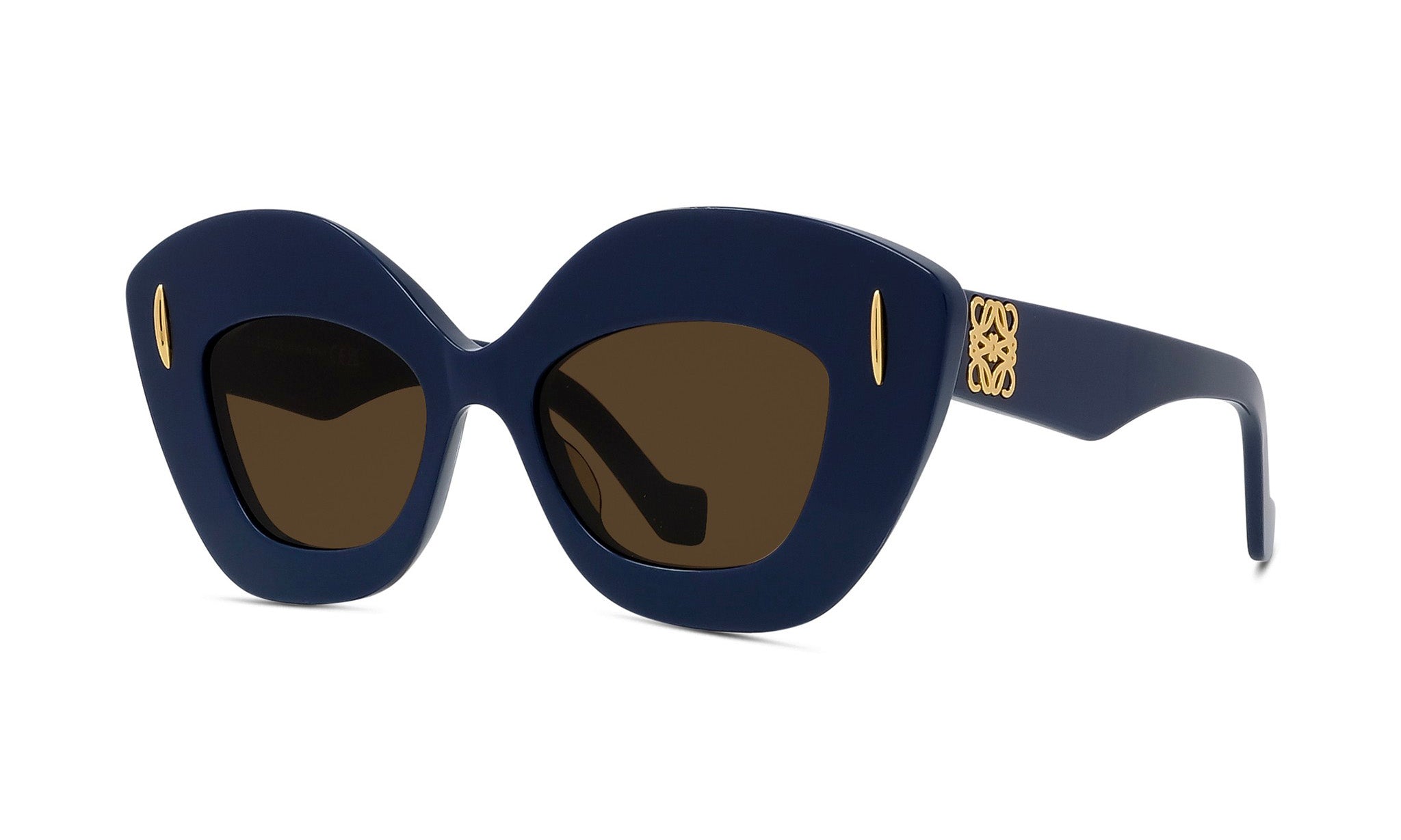 A pair of blue cat-eye sunglasses with gold accents.
